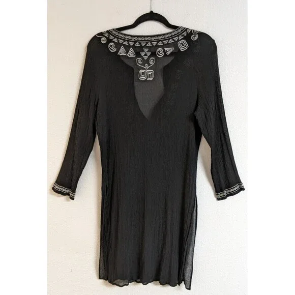 CHICO'S Women's Black Silk Embroidered Deep-V Cover-Up Beach Cruise 10/12 - Picture 7 of 11